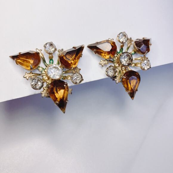 Vintage Amber Rhinestone Clip-On Earrings, Mid Century, Prong Set Teardrop Glass - Picture 7 of 10